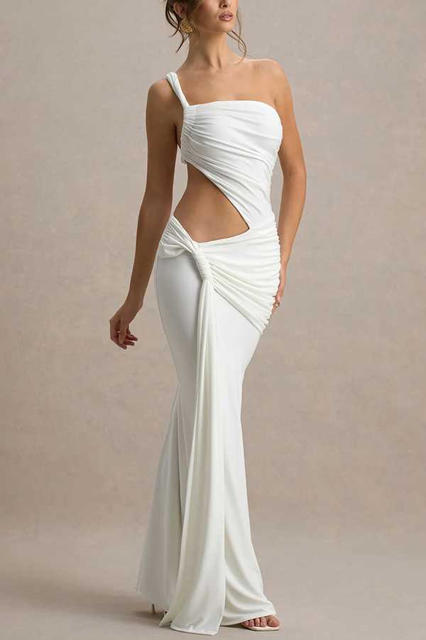 Sexy One-shoulder Backless Ribbon Pleated Slim Maxi Dress-consonak