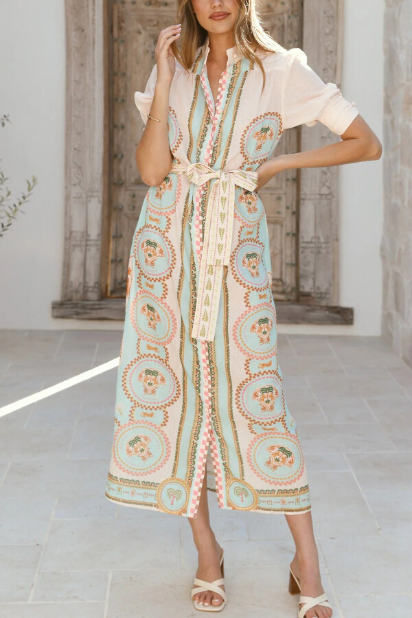 Unique Printed Puff Sleeve Button Lace Up Vacation Maxi Dress-consonak
