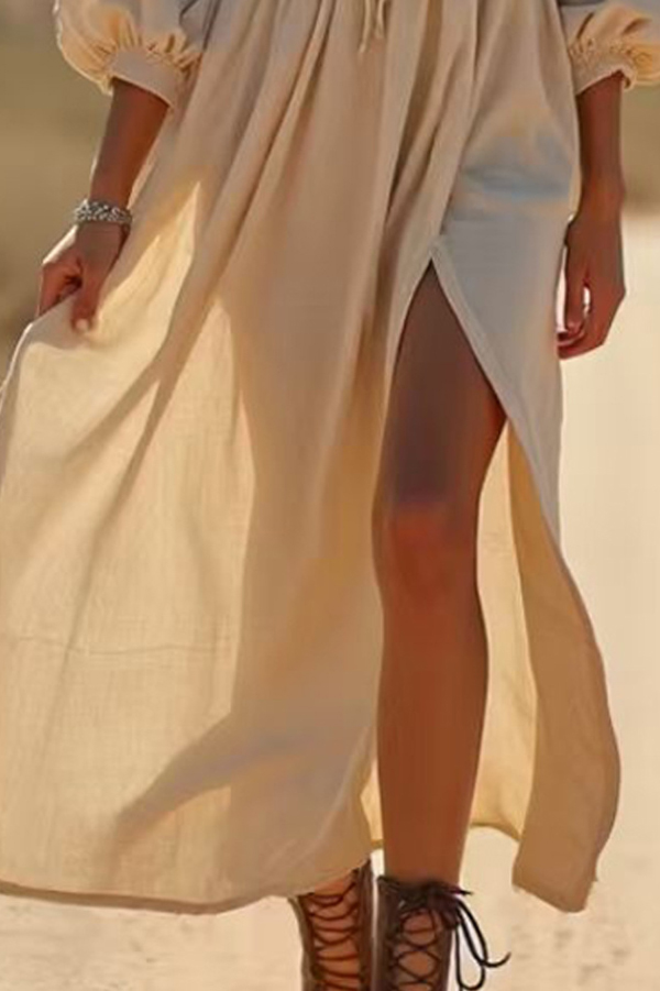 Solid Color Lace-trimmed V-neck Long-sleeved Slit Casual Maxi Dress