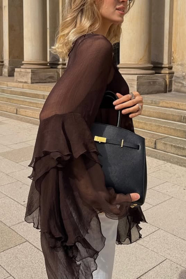 Solid Color Chiffon Elegant Bell Sleeve Loose Cover-up Top-consonak