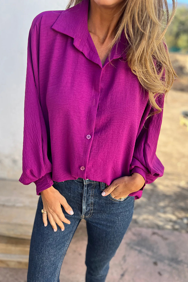 Solid Color Loose Batwing Sleeve Buttoned Casual Shirt-consonak