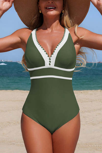 Stylish Color-blocked V-neck Stretch One-piece Swimsuit-consonak