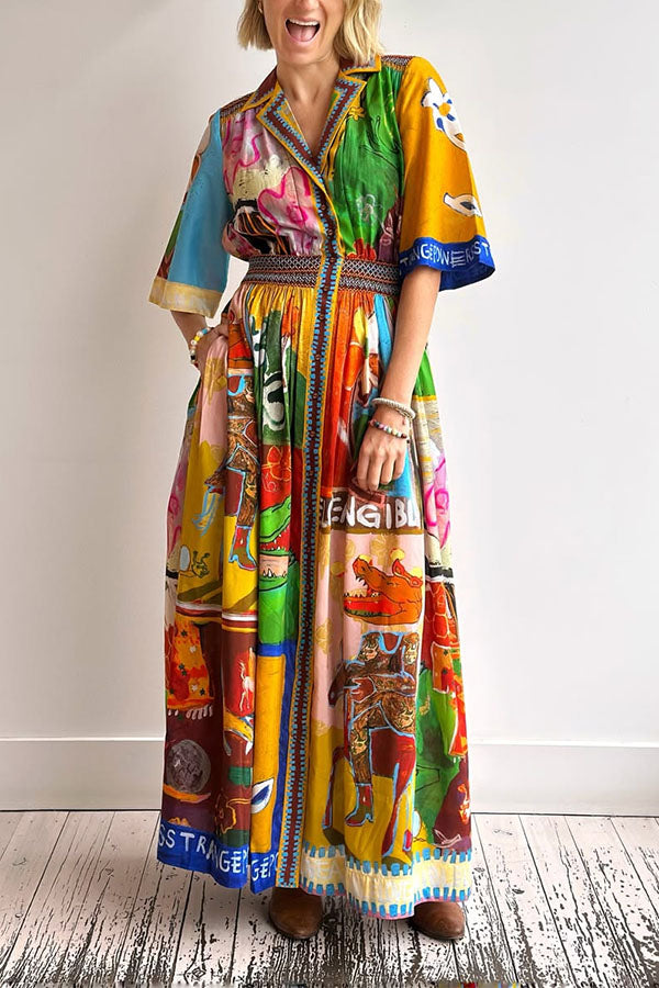 Vintage-Style Multi-Color Print Shirt Maxi Dress-Consonak