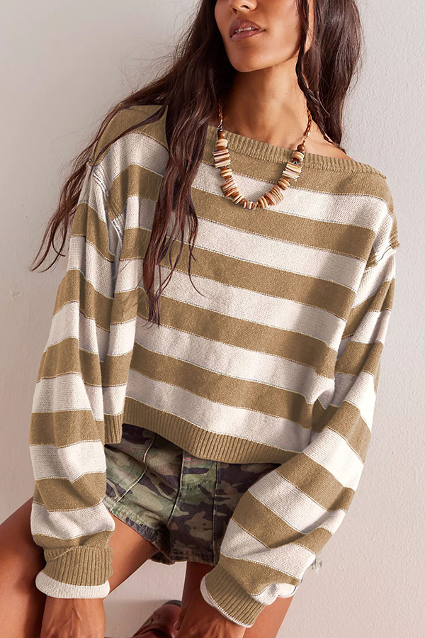 Striped Print Crew Neck Long Sleeve Loose Knitted Sweater-consonak