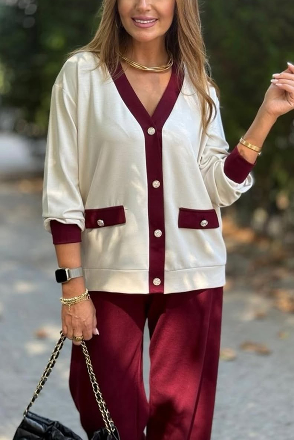 Stylish Color-blocked V-neck Knitted Button-down Cardigan and Elastic Waist Casual Wide-leg Pants Set-consonak