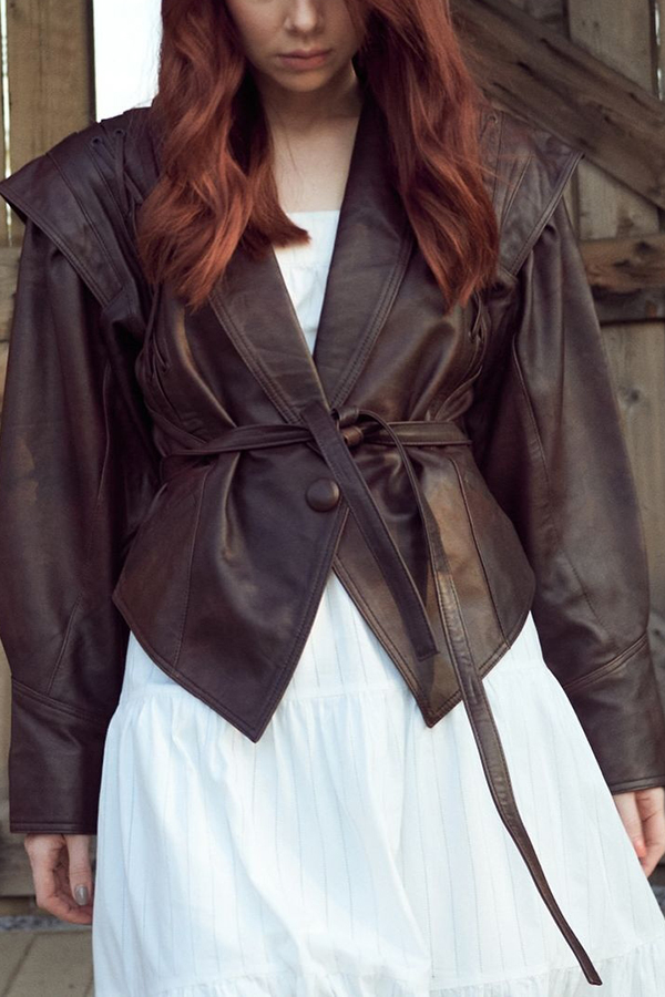 Street Warrior Faux Leather Distressed Style Lace-up Lapel Belt Oversized Jacket-consonak