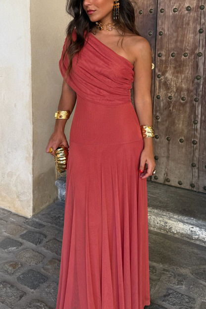 In My Arms Mesh Ruched Strapless Paneled Drape Flare Maxi Dress