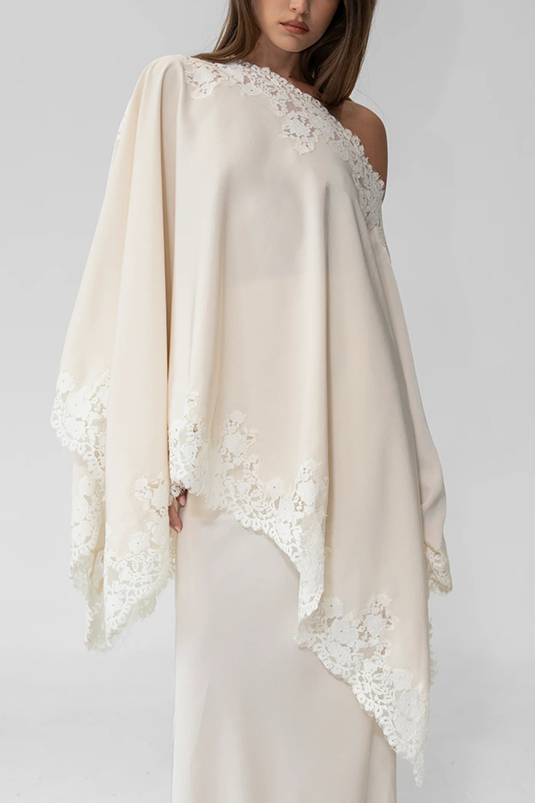 Like A Swan Satin Lace Trim Off Shoulder Wide Sleeve Cape Top-consonak
