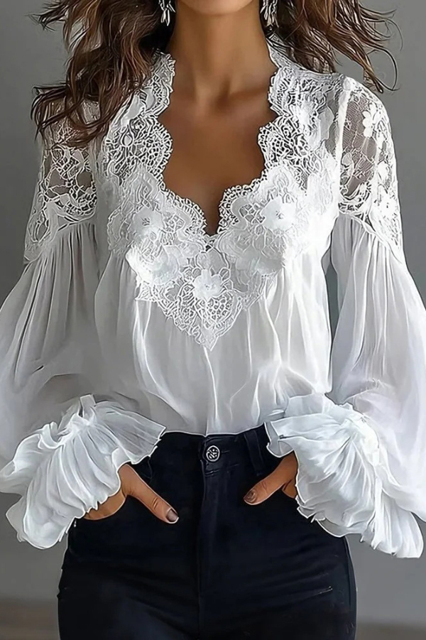 Fashionable Patchwork Lace V-neck Puff Sleeve Loose Shirt | Consonak