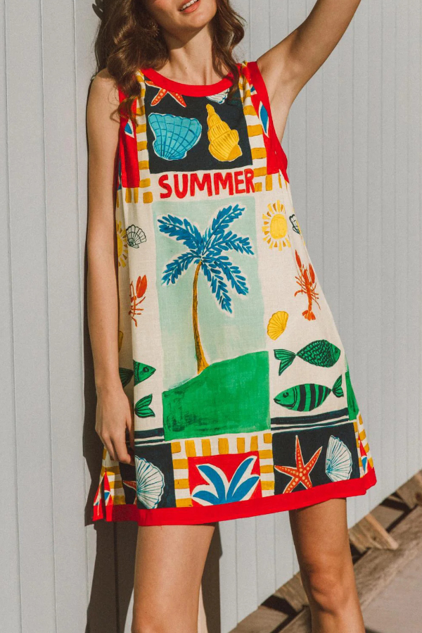 Summer-themed Printed Round Neck Sleeveless Pocket Loose Mini Dress | Consonak