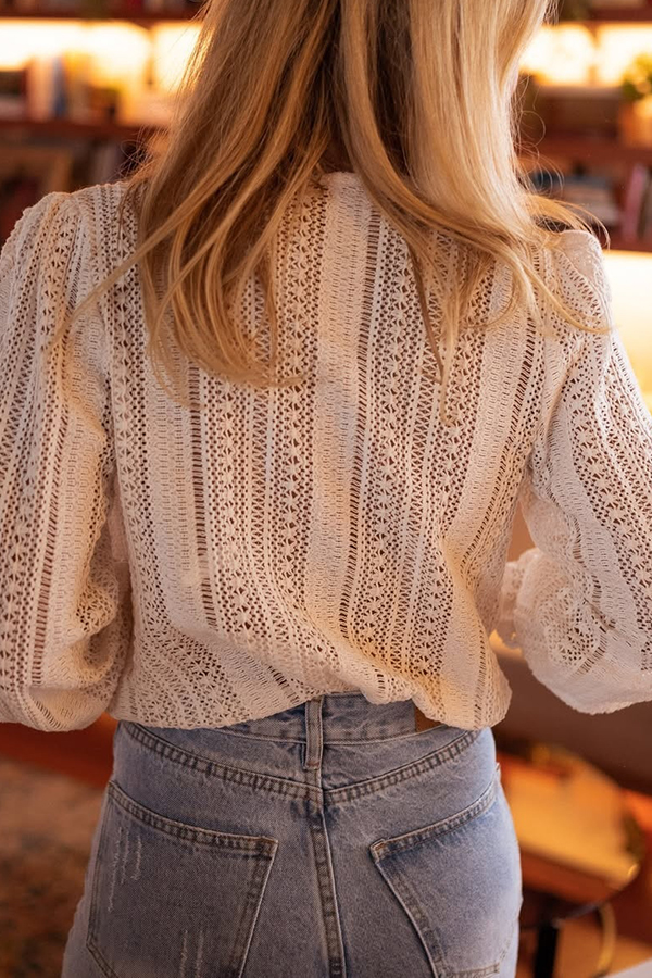 Elegant Openwork V-neck Long-sleeved Casual Shirt-consonak