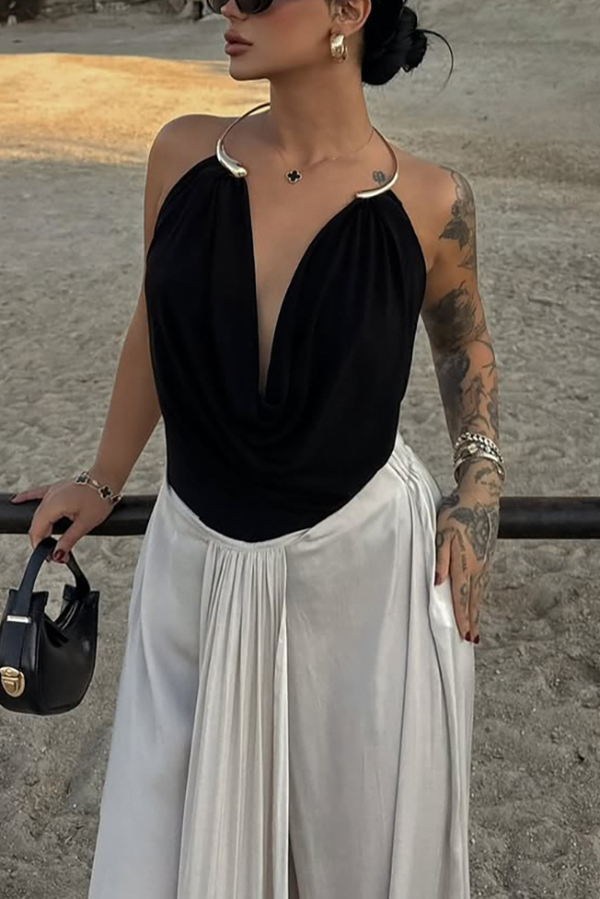 Fashionable Metal Ring Halter Neck Backless Draped Sleeveless Top