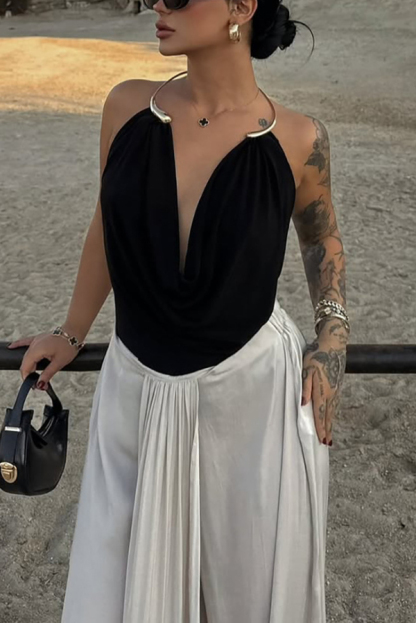 Fashionable Metal Ring Halter Neck Backless Draped Sleeveless Top