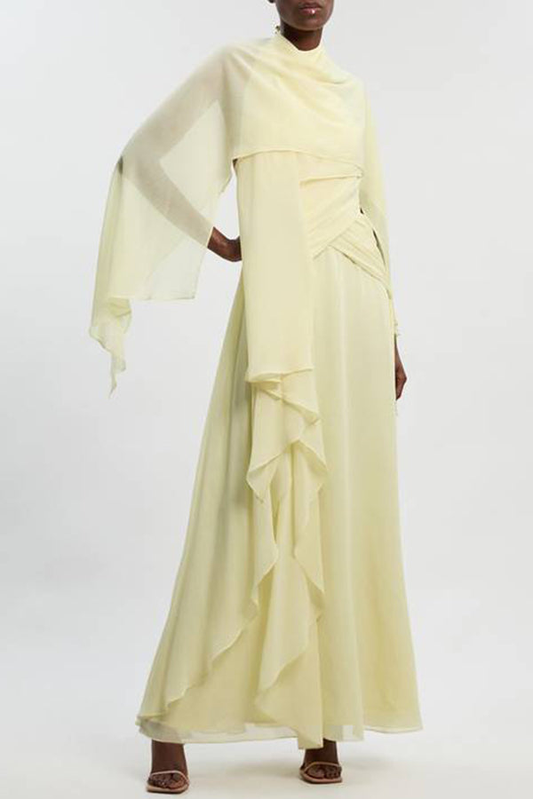 Spring Enchantment Chiffon Crinkle Cross Front Drape Scarf Maxi Dress