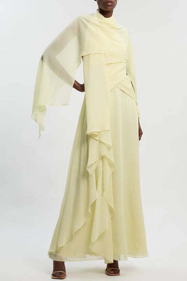 Spring Enchantment Chiffon Crinkle Cross Front Drape Scarf Maxi Dress
