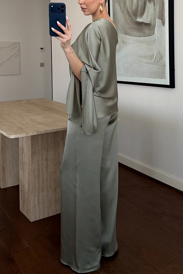 Arnell Satin One-Shoulder Cape Top and Elastic Waist Wide Leg Pants Set