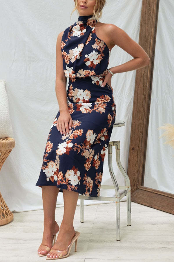 Wine Country Dates Floral Halter Neck Elastic Waist Party Midi Dress-consonak