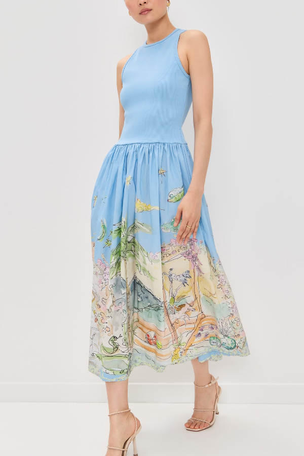 Ink Wash Print Round Neck Sleeveless Resort-style Midi Dress-consonak