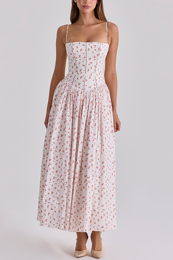 Romantic Countryside Stretch Cotton Blend Floral Print Cutout Trim Slip Midi Dress-consonak