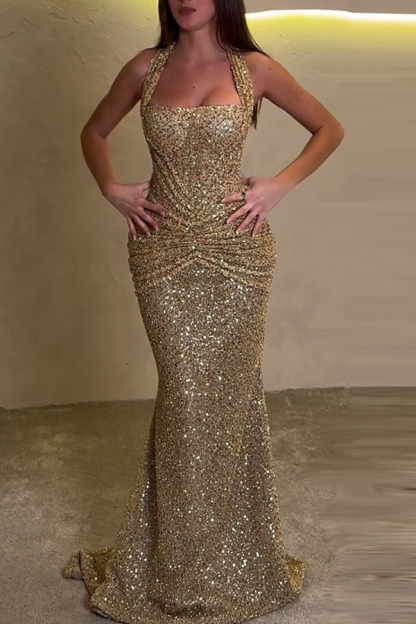 Velda Sequin Halter Square Neck Ruched Waist Back Lace-up Drape Flare Maxi Dress-consonak