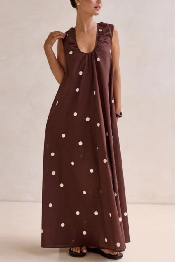 Striped Polka Dot Print Loose Sleeveless Casual Vacation Maxi Dress-consonak