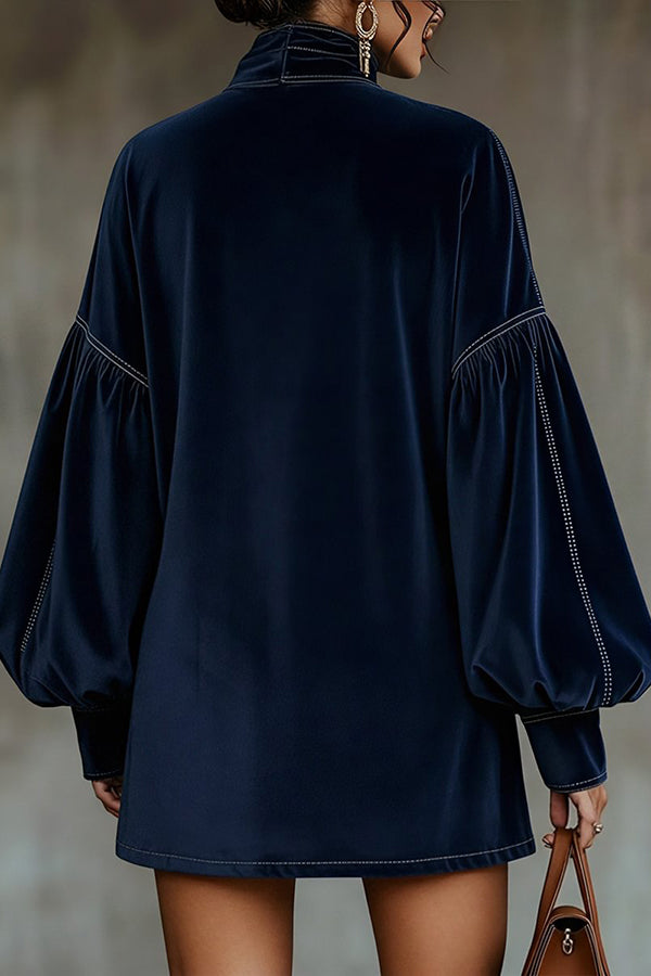 Solid Color Velvet Bow Tie Lantern Sleeve Loose Mini Dress-consonak