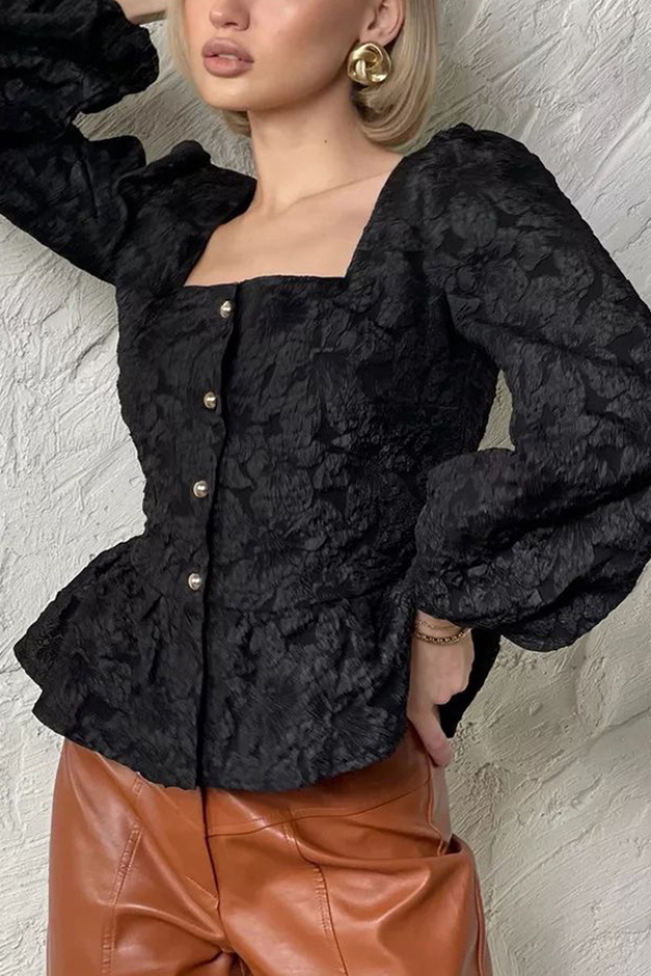 Solid Color Jacquard Square Neck Puff Sleeve Elegant Button Top