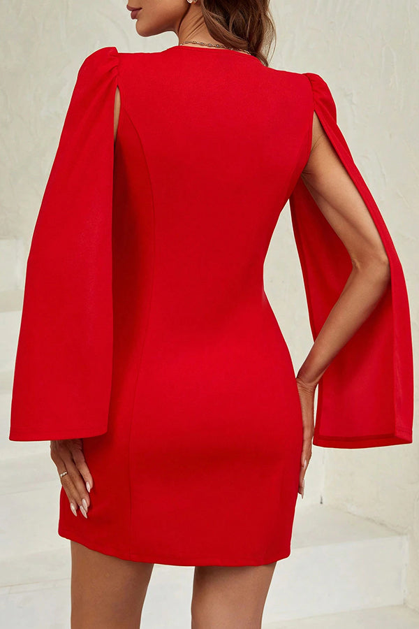 Solid Color V-neck Waist Double-breasted Elegant Mini Dress-consonak