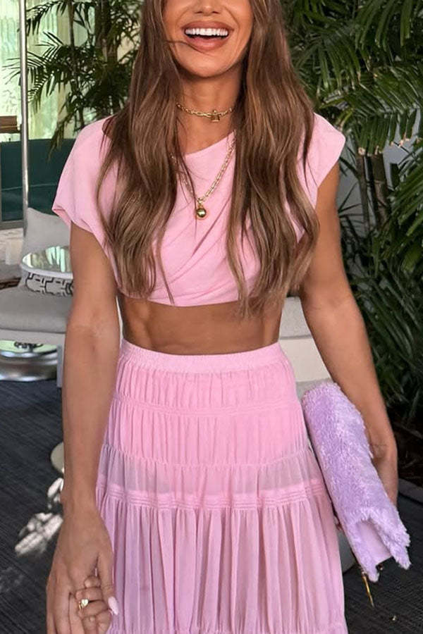 Stunning Chiffon Ruched Shoulder Short Sleeve Crop Top-consonak