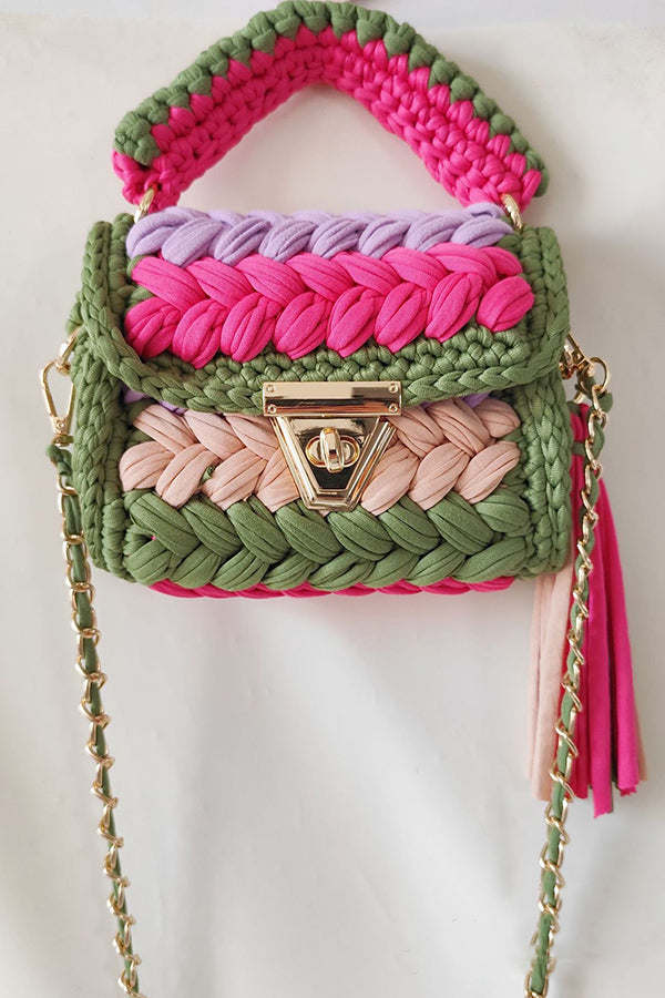 Contrast Color Stitching Braided Chain Tassel Bag-consonak