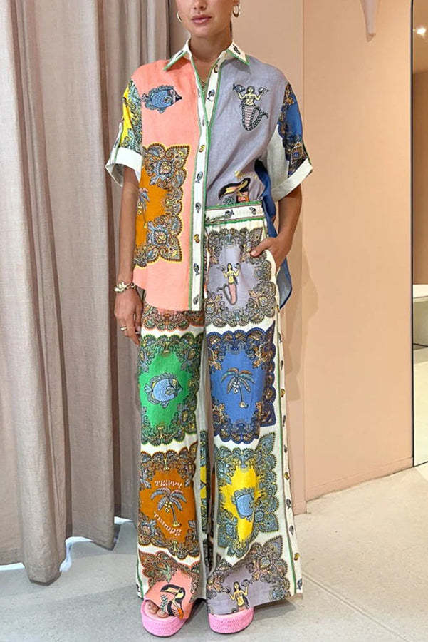 Pretty and Posh Linen Blend Mermaid Print  Button Down Oversized Blouse-consonak