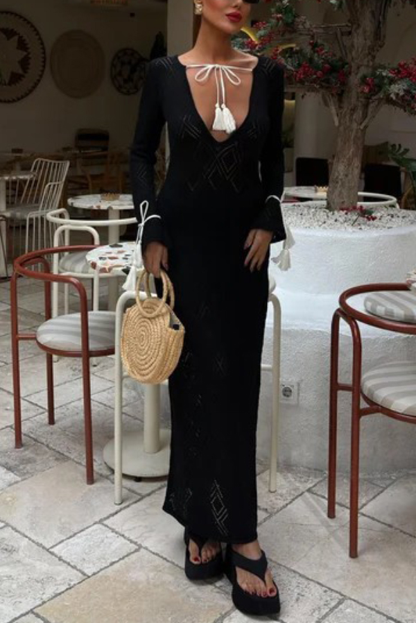 Solid Color Long-sleeved Tie Slim-fit Knit Openwork Cover-up Maxi Dress-consonak