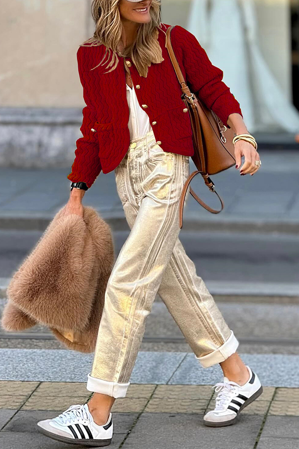 Solid Color V-neck Long-sleeved Loose Pocket Knit Cardigan-consonak