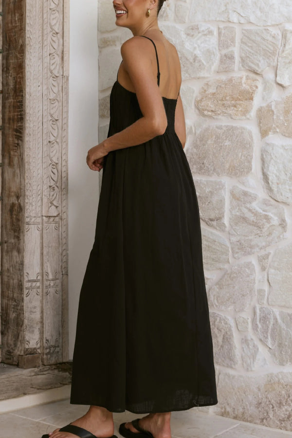 Solid Color Pleated Square Neck Suspender Casual Midi Dress