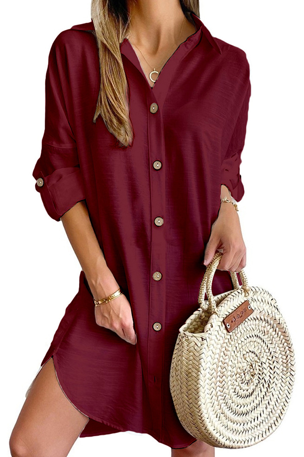 Solid Color Casual Button-Down Shirt Style Mini Dress-consonak