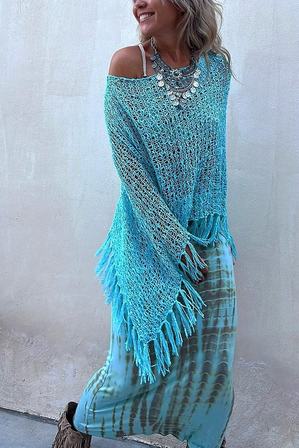 Sunset Breeze Hollow Out Tassel Knit Cover-up Top | Consonak