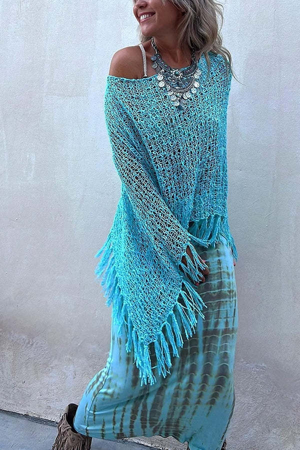 Sunset Breeze Hollow Out Tassel Knit Cover-up Top-consonak