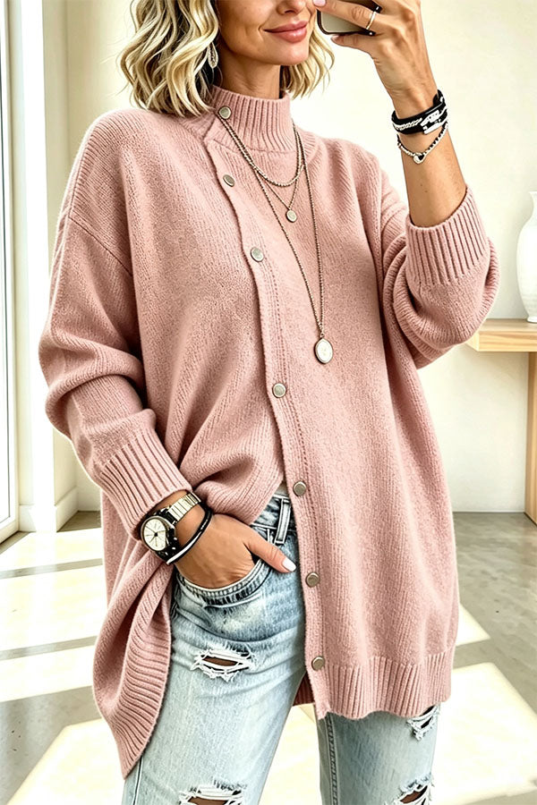 Warm Season Knit Turtleneck Button-down Long Sleeve Loose Sweater-Consonak