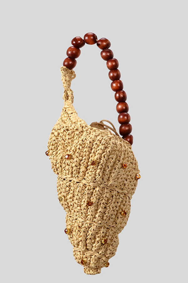 Seashell-shaped Wooden Beaded Zircon-embellished Straw Bag