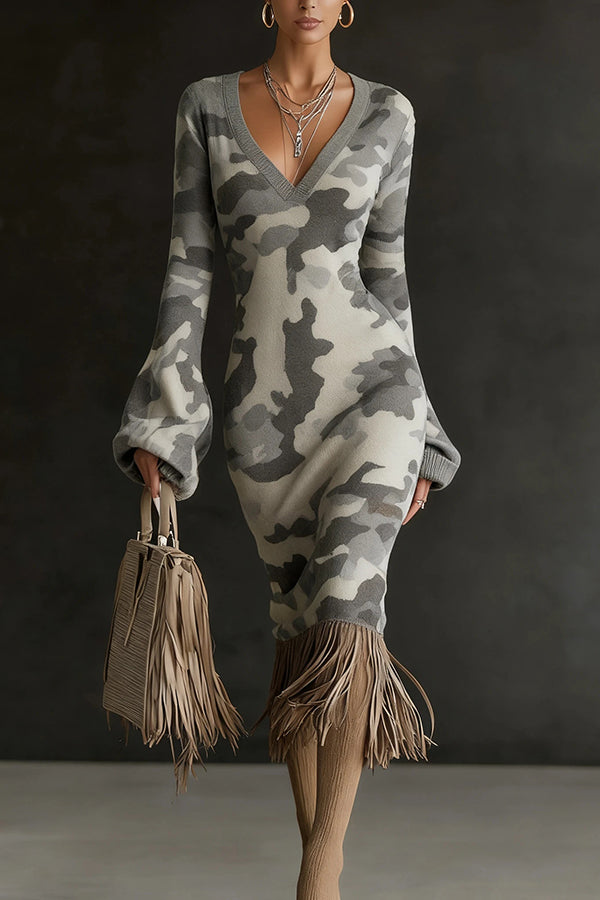 Unique Printed V-neck Long-sleeved Elegant Tassel Hem Midi Dress-consonak