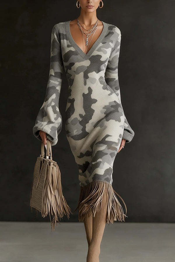 Unique Printed V-neck Long-sleeved Elegant Tassel Hem Midi Dress-consonak