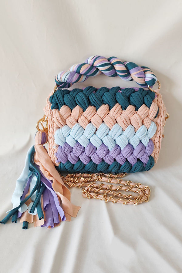 Contrast Color Stitching Braided Chain Tassel Bag-consonak