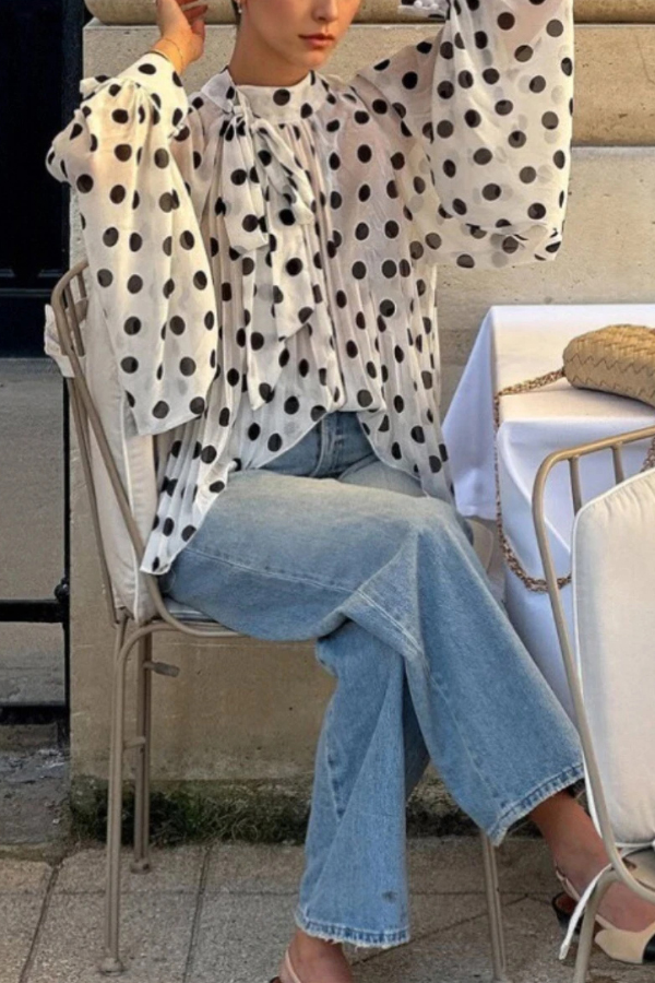 Polka Dot Print Tie-waist Lantern Sleeve Elegant Loose Shirt-consonak