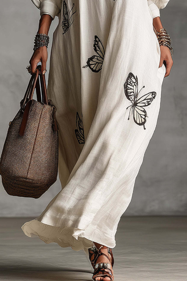 Butterfly Print V-Neck Long Sleeve Loose Casual Maxi Dress