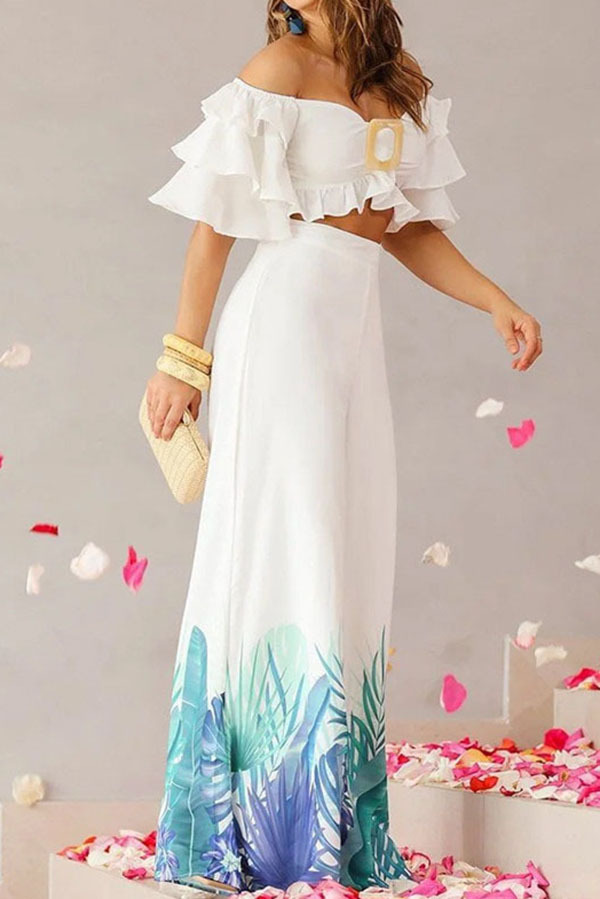 Sexy Off Shoulder Top and High Waisted Wide Leg Printed Pants Suit-consonak