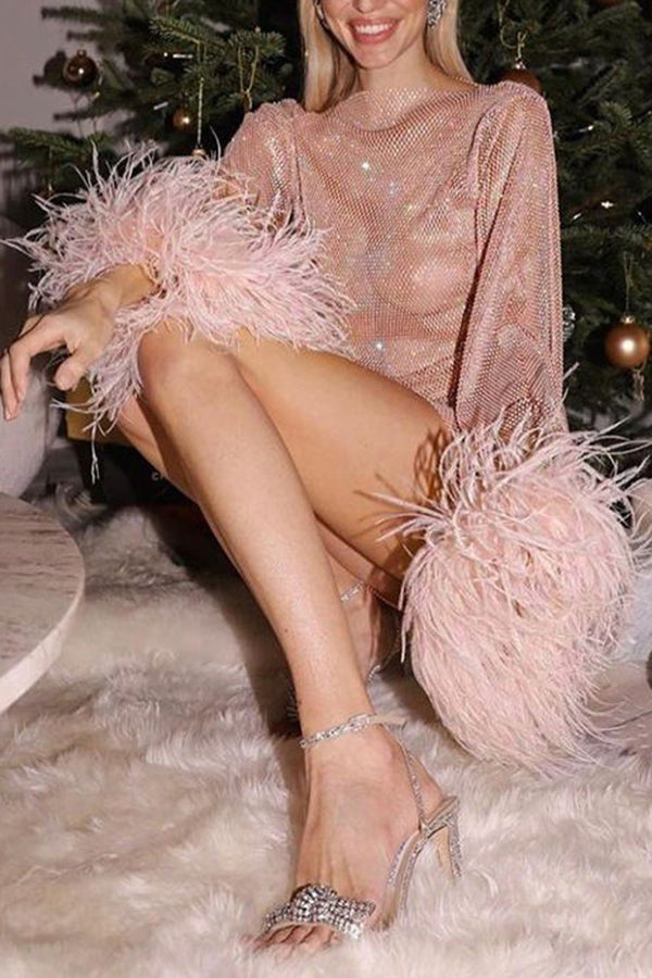 Night Surprise Rhinestone Fabric Feather Sleeve Party Mini Dress-consonak