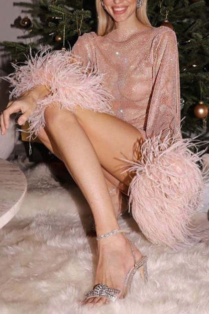 Night Surprise Rhinestone Fabric Feather Sleeve Party Mini Dress-consonak