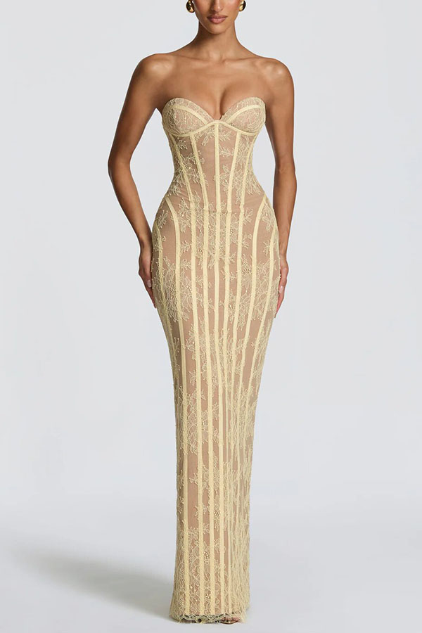 Summer Colour Sian Floral Lace Contrast Structural Detail Back Lace-up Strapless Slit Maxi Dress-Consonak