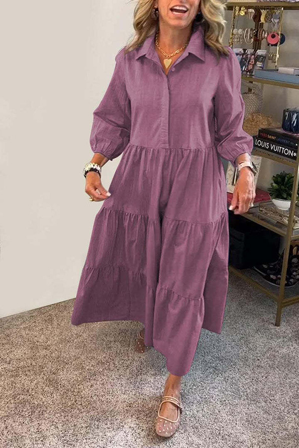 Solid Color Lapel Elastic Cuffs Loose Maxi Dress-consonak