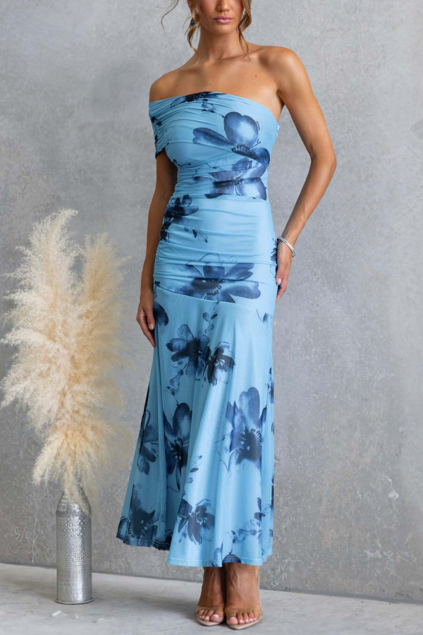 Floral Print Elegant Mesh Off-shoulder Fitted Maxi Dress-consonak